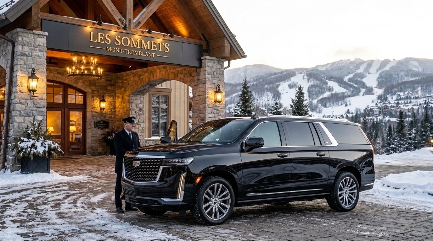 Cadillac Escalade First Class SUV outside luxury chalet