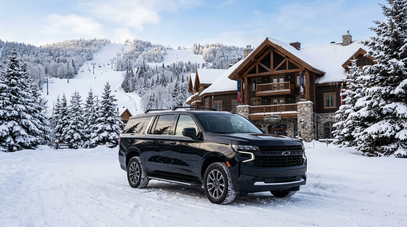 Chevrolet Suburban Grand SUV in snowy alpine village