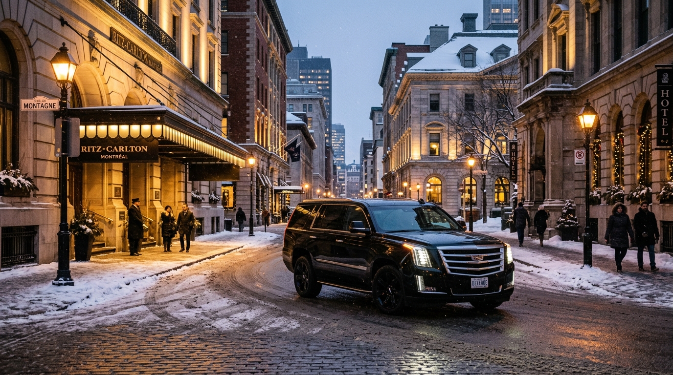 Luxury black chauffeur vehicle outside the Ritz-Carlton Montreal on Rue de la Montagne in winter