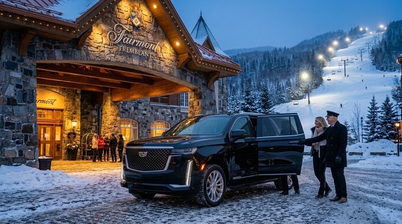 VIP private chauffeur arrival at Fairmont Mont-Tremblant stone entrance