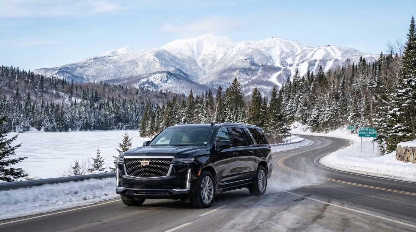 Luxury black chauffeur Escalade driving along Montee Ryan towards Mont-Tremblant mountain in winter