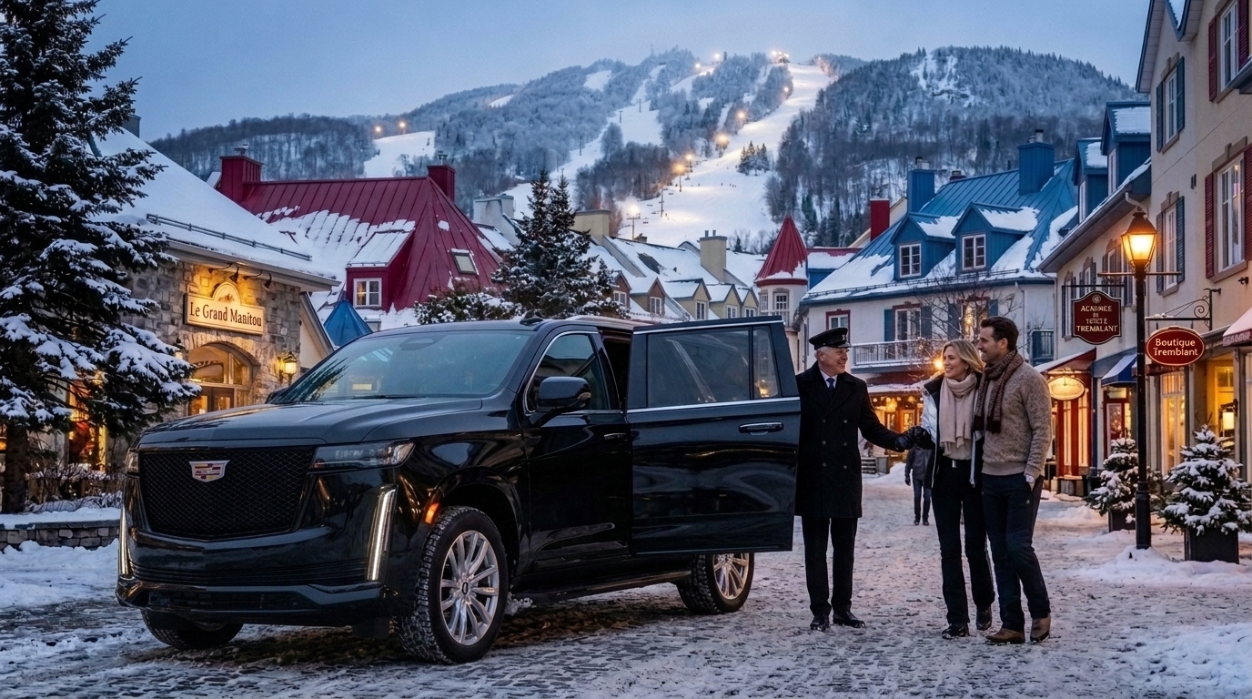 Luxury black chauffeur Escalade parked in front of Mont-Tremblant pedestrian village at winter dusk
